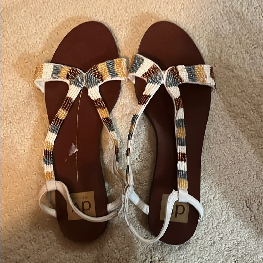 Dolce Vita Brown and White Sandals with Ankle Strap and Beaded Detail